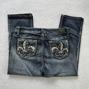 ZCO Jeans Capri Jeans Juniors 15 Blue Med Wash Mid Rise Stretch Fleur De Lis